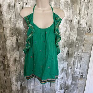 Rocks & indigo green halter top, floral embroidery and ruffles, L